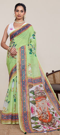 Green color Saree in Linen fabric with Floral, Printed work