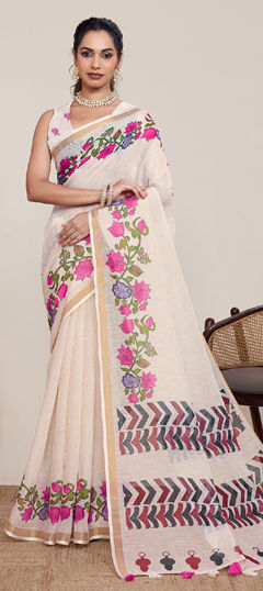 White and Off White color Saree in Linen fabric with Floral, Printed work