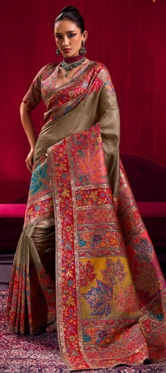 Beige and Brown color Saree in Pashmina fabric with Weaving work