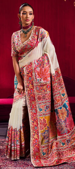 White and Off White color Saree in Pashmina fabric with Weaving work