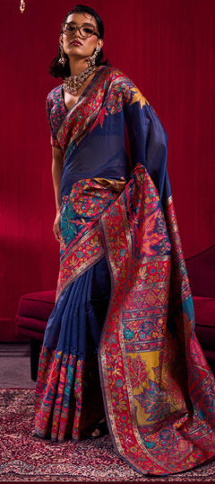 Blue color Saree in Pashmina fabric with Weaving work