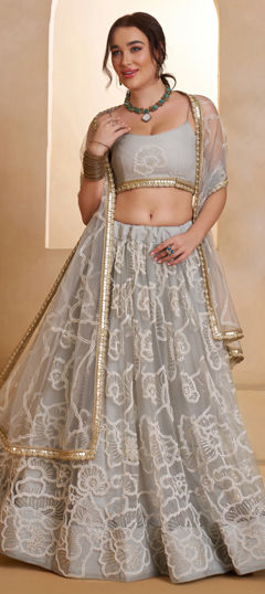 Black and Grey color Lehenga in Net fabric with Bugle Beads, Embroidered, Sequence, Thread work
