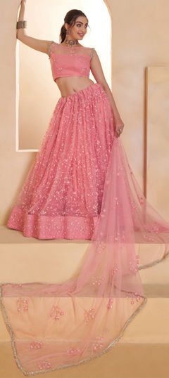 Pink and Majenta color Lehenga in Net fabric with Bugle Beads, Embroidered, Sequence, Thread work