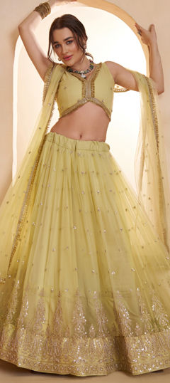 Yellow color Lehenga in Net fabric with Bugle Beads, Embroidered, Sequence, Thread work