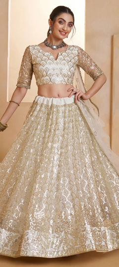 White and Off White color Lehenga in Net fabric with Bugle Beads, Embroidered, Sequence, Thread work