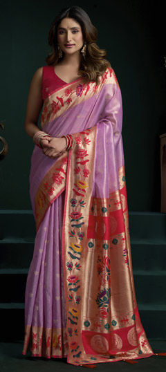 Purple and Violet, Red and Maroon color Saree in Tissue fabric with Weaving work