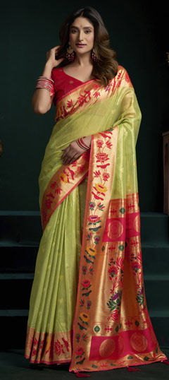 Green, Red and Maroon color Saree in Tissue fabric with Weaving work