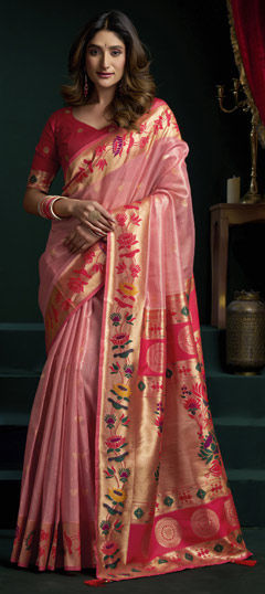 Pink and Majenta, Red and Maroon color Saree in Tissue fabric with Weaving work
