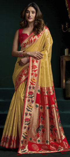 Red and Maroon, Yellow color Saree in Tissue fabric with Weaving work