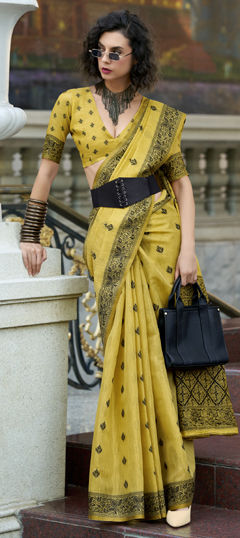 Yellow color Saree in Linen, Tissue fabric with Weaving work