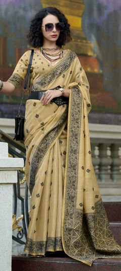 Beige and Brown color Saree in Linen, Tissue fabric with Weaving work