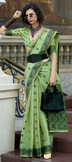 Green color Saree in Linen, Tissue fabric with Weaving work