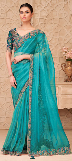 Blue color Saree in Georgette fabric with Embroidered, Sequence, Thread, Zari work