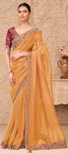 Yellow color Saree in Georgette fabric with Embroidered, Sequence, Thread, Zari work