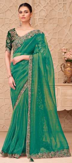 Green color Saree in Georgette fabric with Embroidered, Sequence, Thread, Zari work