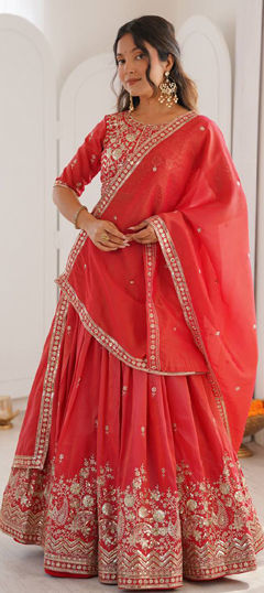 Orange color Lehenga in Silk fabric with Embroidered, Sequence work