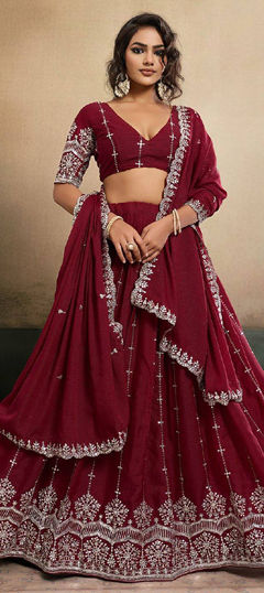 Red and Maroon color Lehenga in Georgette fabric with Embroidered, Sequence work
