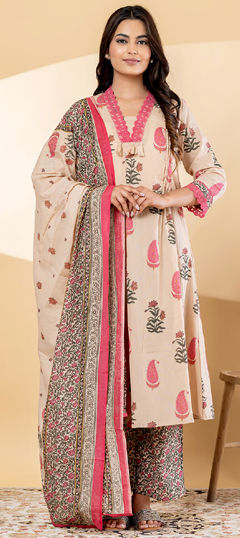 Beige and Brown, Pink and Majenta color Salwar Kameez in Cotton fabric with Embroidered, Lace, Printed work