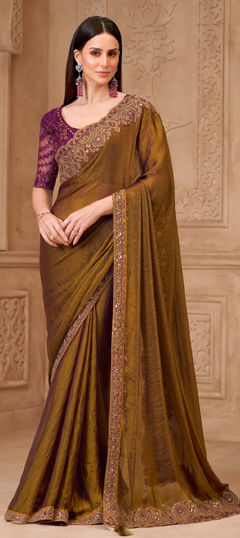 Beige and Brown color Saree in Tussar Silk fabric with Embroidered, Sequence, Thread work