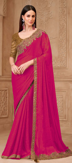 Pink and Majenta color Saree in Tussar Silk fabric with Embroidered, Sequence, Thread work