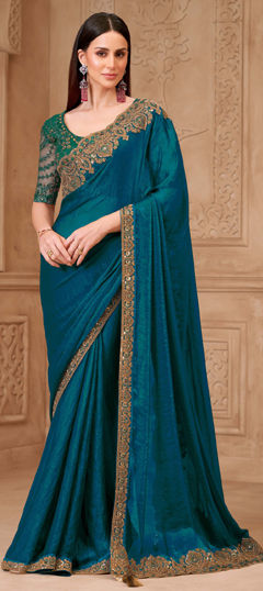 Green color Saree in Tussar Silk fabric with Embroidered, Sequence, Thread work