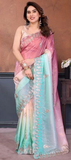 Multicolor color Saree in Crushed Silk fabric with Embroidered, Sequence work