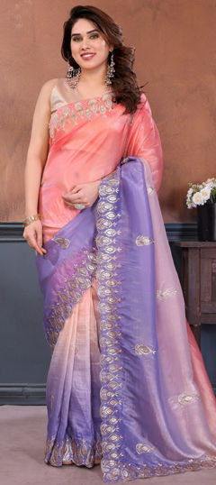 Multicolor color Saree in Crushed Silk fabric with Embroidered, Sequence work