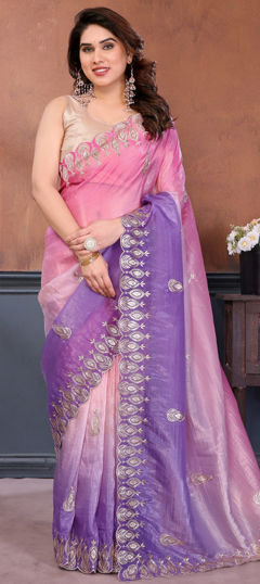 Multicolor color Saree in Crushed Silk fabric with Embroidered, Sequence work