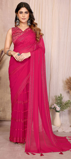 Pink and Majenta color Saree in Georgette fabric with Bandhej, Lace, Printed work