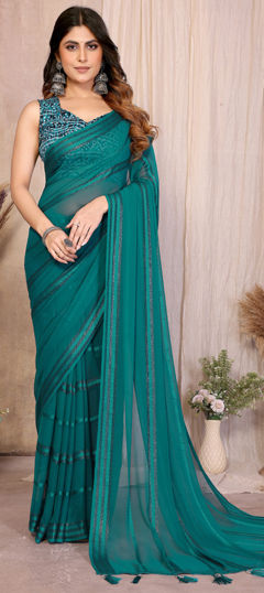 Green color Saree in Georgette fabric with Bandhej, Lace, Printed work