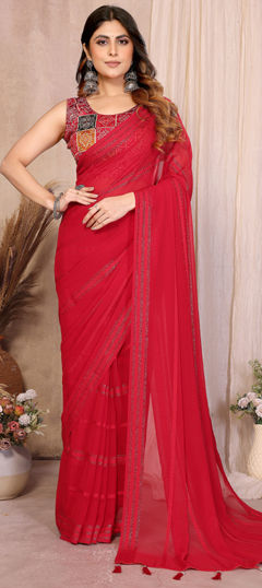 Red and Maroon color Saree in Georgette fabric with Bandhej, Lace, Printed work