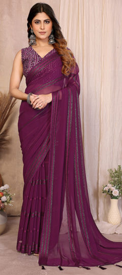 Purple and Violet color Saree in Georgette fabric with Bandhej, Lace, Printed work