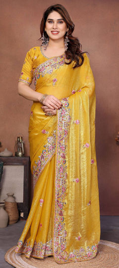 Yellow color Saree in Chiffon, Tissue fabric with Embroidered, Sequence, Thread, Zari work