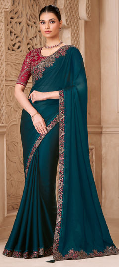Blue color Saree in Tussar Silk fabric with Embroidered, Sequence, Thread work