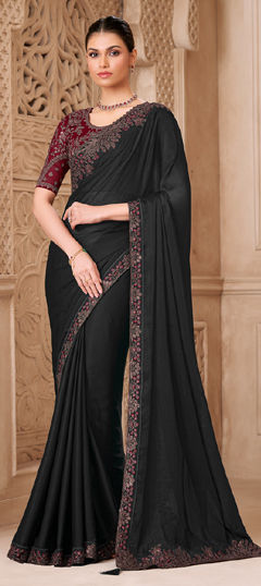 Black and Grey color Saree in Tussar Silk fabric with Embroidered, Sequence, Thread work