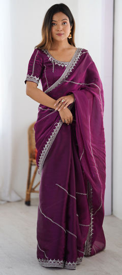 Purple and Violet color Saree in Chinon Silk fabric with Embroidered, Sequence, Thread work