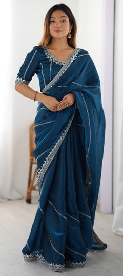 Blue color Saree in Chinon Silk fabric with Embroidered, Sequence, Thread work