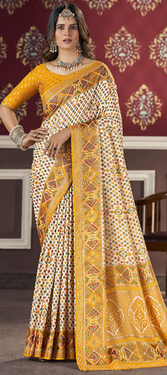 Beige and Brown, Yellow color Saree in Brasso fabric with Bugle Beads, Stone, Swarovski work