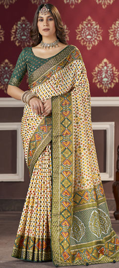 Beige and Brown color Saree in Brasso fabric with Bugle Beads, Stone, Swarovski work