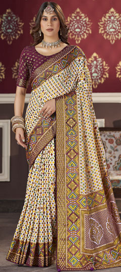 Beige and Brown color Saree in Brasso fabric with Bugle Beads, Stone, Swarovski work