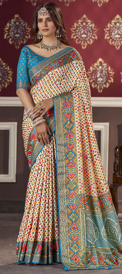 Beige and Brown color Saree in Brasso fabric with Bugle Beads, Stone, Swarovski work