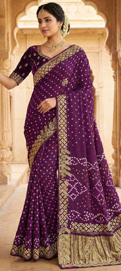 Purple and Violet color Saree in Silk fabric with Bandhej, Embroidered, Thread, Zari work