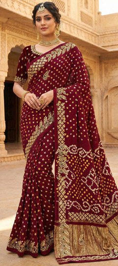 Red and Maroon color Saree in Silk fabric with Bandhej, Embroidered, Thread, Zari work