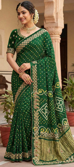 Green color Saree in Silk fabric with Bandhej, Embroidered, Printed, Thread, Zari work