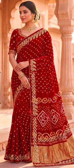 Red and Maroon color Saree in Silk fabric with Bandhej, Embroidered, Printed, Thread, Zari work