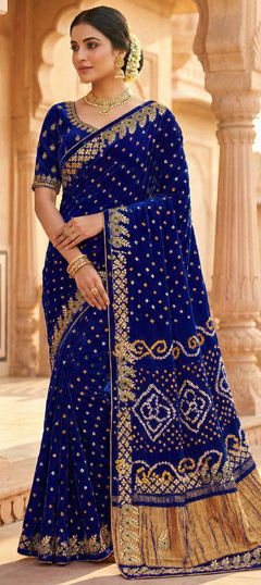 Blue color Saree in Silk fabric with Bandhej, Embroidered, Printed, Thread, Zari work
