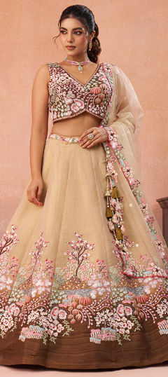 Beige and Brown color Lehenga in Net fabric with Embroidered, Ombre, Sequence, Thread work