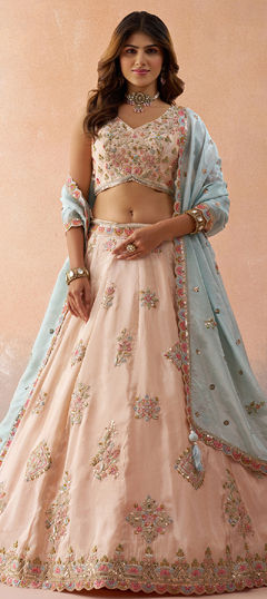Pink and Majenta color Lehenga in Tissue fabric with Embroidered, Sequence, Thread, Zari work