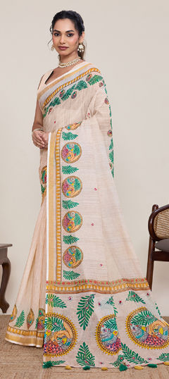 White and Off White color Saree in Linen fabric with Printed, Weaving, Zari work