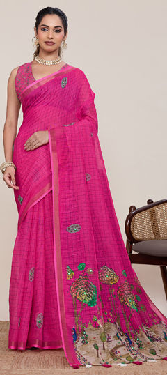 Pink and Majenta color Saree in Linen fabric with Printed, Weaving, Zari work